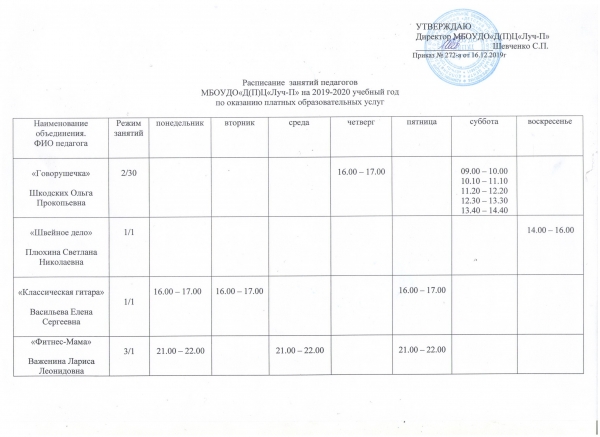Расписание занятий педагогов по оказанию платных образовательных услуг МБОУДО 