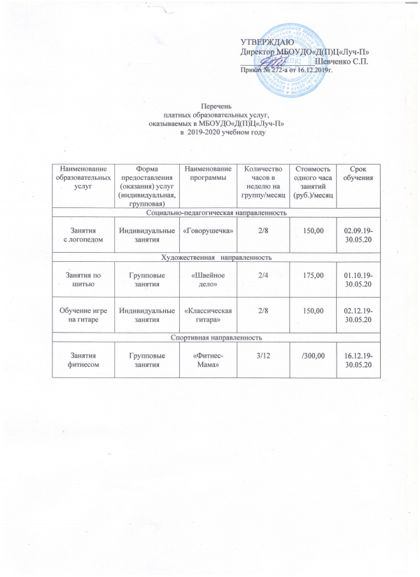 Перечень платных образовательных услуг, оказываемых в МБОУДО"Д(П)Ц"Луч-П" в 2019-2020 учебном году