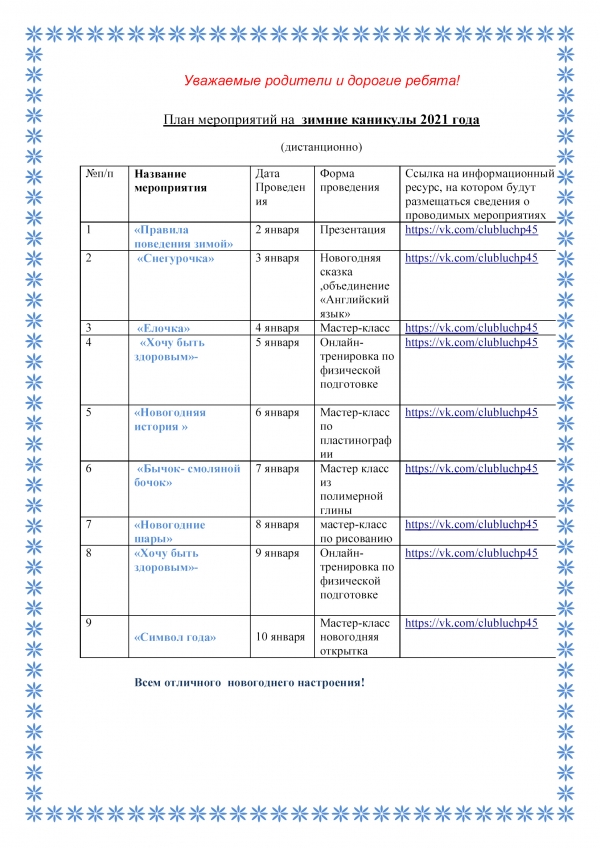 План мероприятий на каникулы